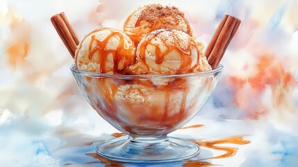 Delicious ice cream scoops topped with caramel sauce and cinnamon sticks, perfect for a sweet treat on a warm day.