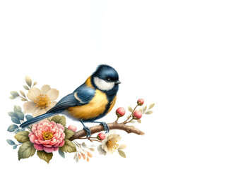 Wall Mural - Spring season, greeting card. A titmouse on a branch with flowers, cottage decor, biodiversity, isolated on the white background, watercolor style