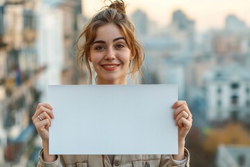 A young woman smiles while holding a blank sign in front of a city background.