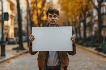 A young man with short brown hair stands in a city street, holding a blank white sign in front of him.