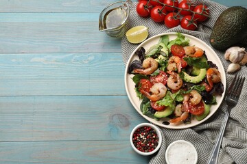 Sticker - Delicious shrimp salad and ingredients on light blue wooden table, flat lay. Space for text