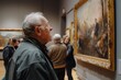 © Road Red Runner - An older man admires a painting in an art gallery, surrounded by other paintings.