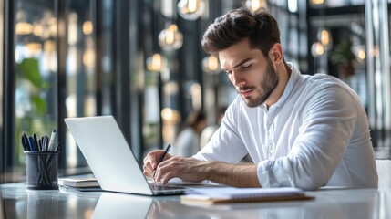 Fototapete - A young businessman in a casual office environment, using a laptop while taking notes in a notebook, with a relaxed yet focused posture at his workstation.