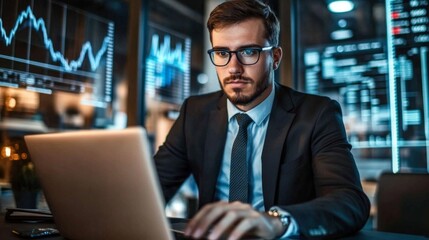 Fototapete - A young businessman in a modern office setting, focused on his laptop with financial charts on the screen, wearing a suit and tie, highlighting his professional demeanor.