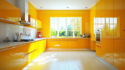 Modern yellow kitchen with bright natural light and clean design