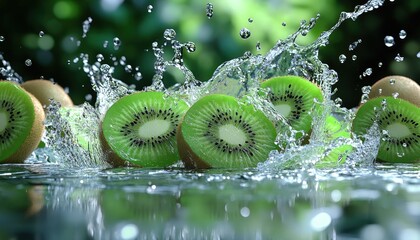 Wall Mural - Kiwi Fruit Slices Splashing in Water