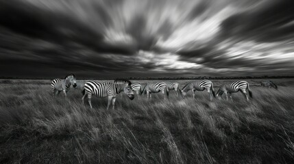 Zebras Grazing in a Field with a Dramatic Sky