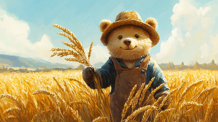 A Cheerful Bear in Overalls Harvests Wheat Under a Sunny Sky in the Countryside