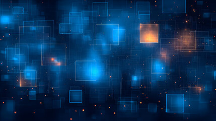 Wall Mural - abstract digital background with glowing squares in varying shades of blue and orange, creating a fu