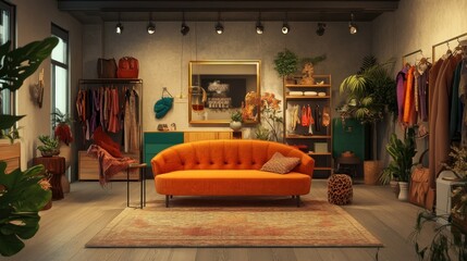 Wall Mural - Orange Sofa in a Modern, Eclectic Living Room