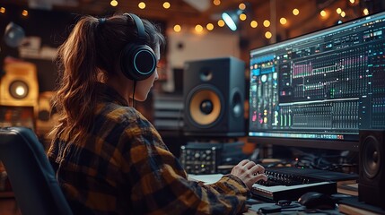 Female music producer working in a studio with headphones