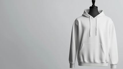 A blank hoodie in crisp white on a mannequin, with a clean white background, creating a minimalist and pure visual effect.