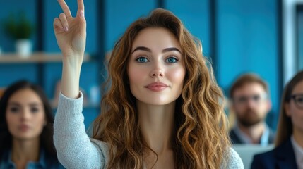 Wall Mural - A woman with long hair making a peace sign in front of people, AI