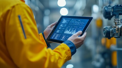 High-tech scene of a technician using a tablet to monitor a digital water meter, vibrant graphs and stats visible on screen, urban environment