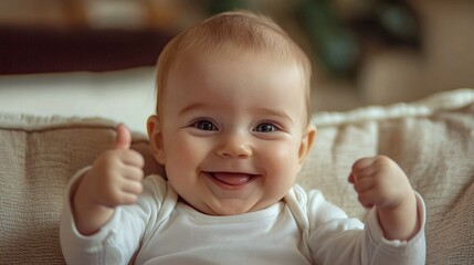 Wall Mural - Infant sitting on a couch, happily giving thumbs up