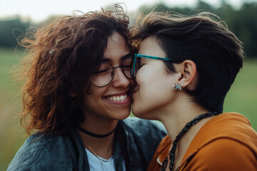 Two young happy women kissing