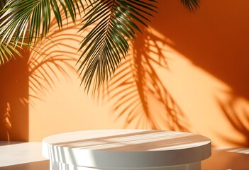 A palm tree frond against an orange wall with a white window frame