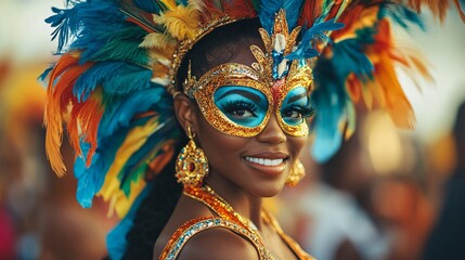 Gorgeous young lady in vibrant attire with feathers and a mask is grinning at a carnival celebration