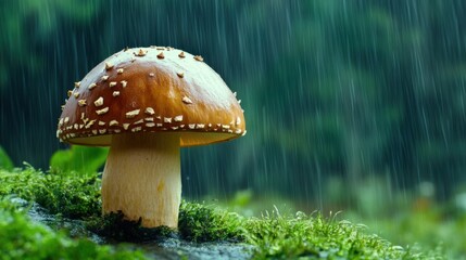 Poster - A mushroom sitting on top of a green moss covered hill, AI