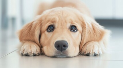 Canvas Print - A dog laying on the floor with its head down, AI