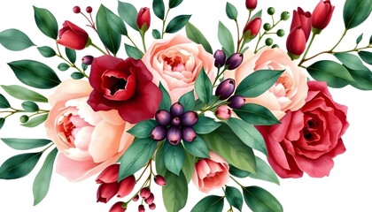 Canvas Print - A bouquet of large pink roses with green leaves and red berries against a white background