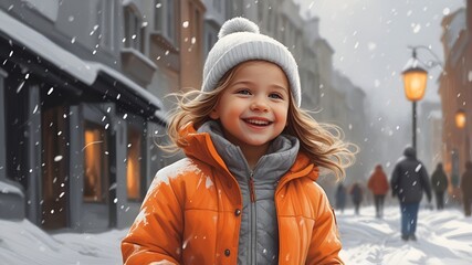 Happy girl child in winter, beautiful smile