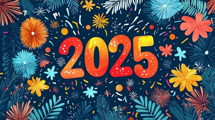 The year 2025 celebration depicted with vibrant floral and firework elements on a dark background. A festive and colorful scene representing joy and anticipation.