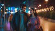 © fotofabrika - Couple walking together at night, enjoying music and smiling under colorful city lights in a vibrant urban setting