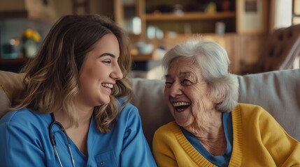 A home health care worker assists an elderly woman in her home	
