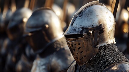 Medieval knights standing in formation with chainmail and gleaming metal helmets