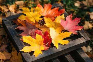 Autumn leaves collection on rustic wooden tray amidst seasonal foliage