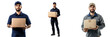© Promila - Set of a delivery driver in a uniform, standing confidently with a package in hand isolated on transparent background