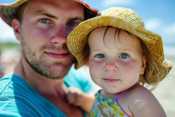 Canvas Print - Child on the sunny sea beach family vacation concept generative AI