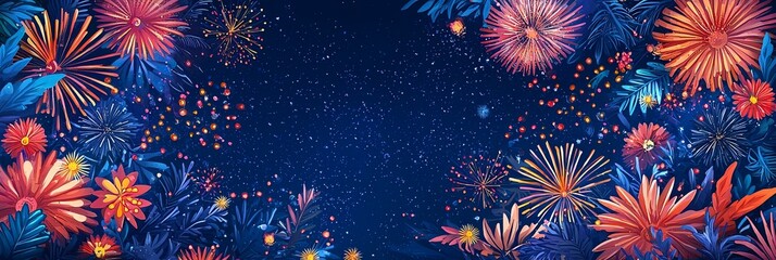 A scenic view of colorful bursts of fireworks lighting up the night sky, framed by foliage. The spectacle captures a vibrant and festive moment filled with joy and excitement.