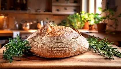 A rustic loaf of freshly baked sourdough bread, golden brown and crusty, sits on a wooden cutting board, surrounded by fragrant herbs. 2