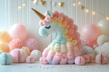 Pastel unicorn plush toy with pink, yellow, and blue balloons and paper flowers.