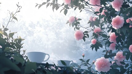 Wall Mural - Teacups Among Pink Flowers and Green Leaves Under a Softly Lit Sky