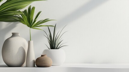 Wall Mural - White Wall with Three Vases and Green Plants