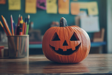 Wall Mural - Kids carving pumpkins at a Halloween event generative AI