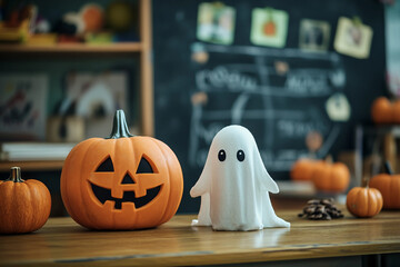 Wall Mural - Kids carving pumpkins at a Halloween event generative AI