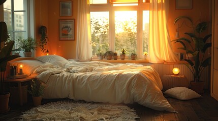 Wall Mural - Cozy Bedroom with Warm Sunset Light