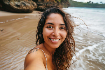 Canvas Print - AI generated picture of happy woman taking selfie picture on summer vacation day