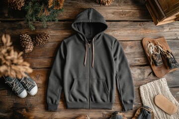 A cozy gray hoodie laid out on a wooden surface with nature-inspired elements.