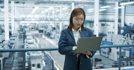 Aufkleber - Portrait of a Beatiful Electronics Manufacture Engineer Smiling, Looking at Camera. Young Japanese Female Using Laptop Computer for Online Research, Monitoring Artificial Intelligence Systems