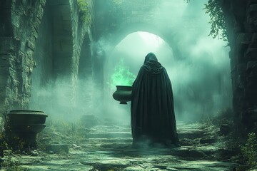 ominous scene of cloaked figure stirring glowing green potion in ancient stone archway misty atmosphere and eerie lighting create sense of dark magic and mystery