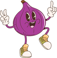 Poster - Retro cartoon groovy figs fruit character with a joyful expression, wearing sneakers and making peace signs with hand. Isolated vector vibrant purple fig exudes a fun, energetic, and nostalgic vibe