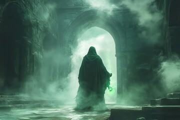 ominous scene of cloaked figure stirring glowing green potion in ancient stone archway misty atmosphere and eerie lighting create sense of dark magic and mystery