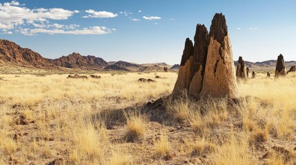 Wall Mural - Tall termite mounds in a dry, grassy savanna landscape