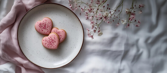 Pretty pink love heart cookies sprinkles plate linen tablecloth above view valentines day love romance biscuit recipe anniversary dessert holiday celebration mockup banner flatlay background