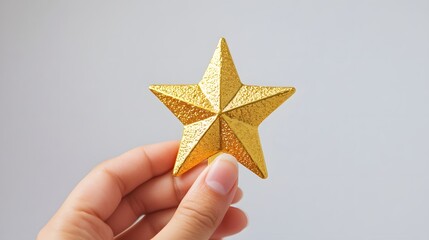 A hand holding a gold customer satisfaction review star, intricate and polished, set against a pristine white background, soft, even lighting emphasizing the gold shine, detailed textures on the